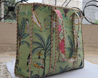 Handmade Quilted Cotton Tote Bag: Jungle Print Shopping Bag