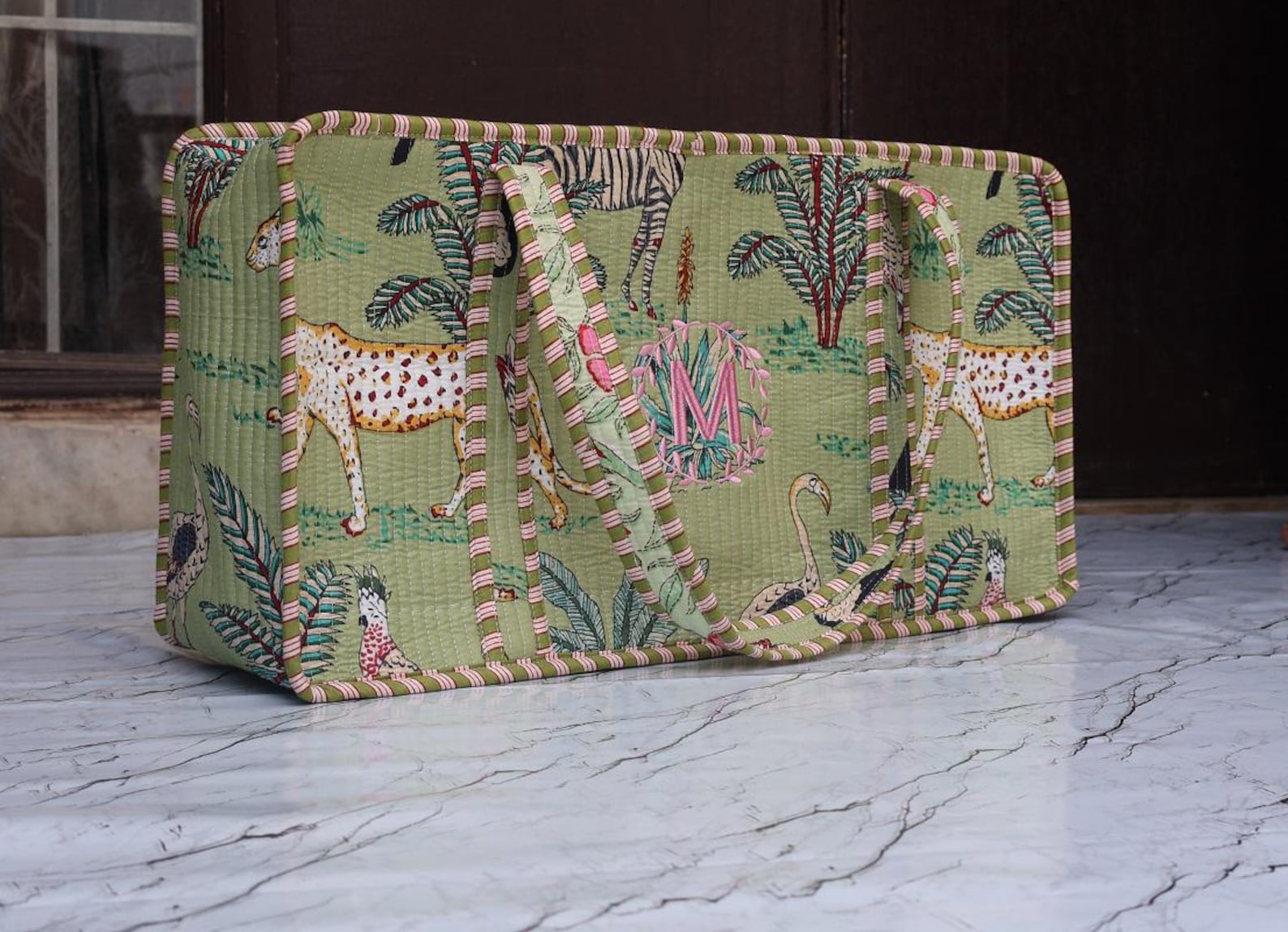 Personalized Mahjong Quilted Cotton Tote Bag - Large - Sage Jungle