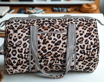 Leopard Print Quilted Duffel Bag: Cotton Weekender Travel Bag, Mother's day Gift