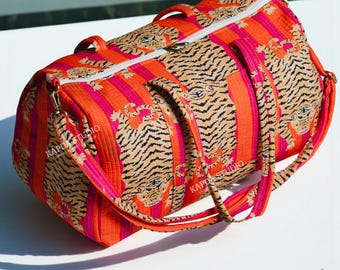 Handmade Tiger Print Bridesmaid Duffle Bag: Quilted cotton Weekender Bag, Mother's Day Gift