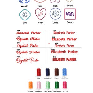 Puede incluir: Una tabla digital que muestra opciones de bordado con ocho formas de monogramas etiquetadas como Wreath, Hexa, Blob, Shield, Octa, Heart, Circle y Square. Debajo hay diez estilos de fuente para el nombre Elizabeth Parker y quince carretes de hilo.