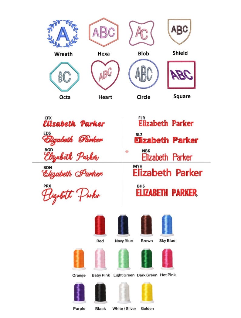 Puede incluir: Una tabla digital que muestra opciones de bordado con ocho formas de monogramas etiquetadas como Wreath, Hexa, Blob, Shield, Octa, Heart, Circle y Square. Debajo hay diez estilos de fuente para el nombre Elizabeth Parker y quince carretes de hilo.