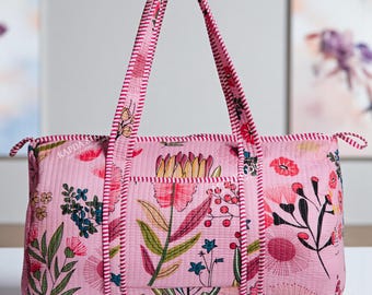 Handmade floral print Quilted duffle Bag: Travel weekender bag | Bridesmaid gift