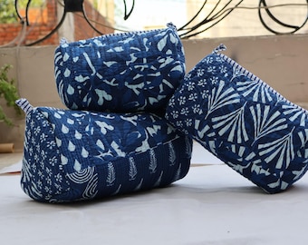 Quilted Cotton Makeup Bag, Hand Block Print Cosmetic Pouch, Bridesmaid Gift, Gifts for Grandma