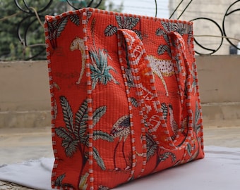 Handmade Jungle Print Quilted Cotton Tote Bag: Travel Beach Shopper