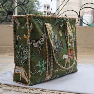 Handmade Jungle Print Quilted Cotton Tote Bag: Travel Beach Shopper