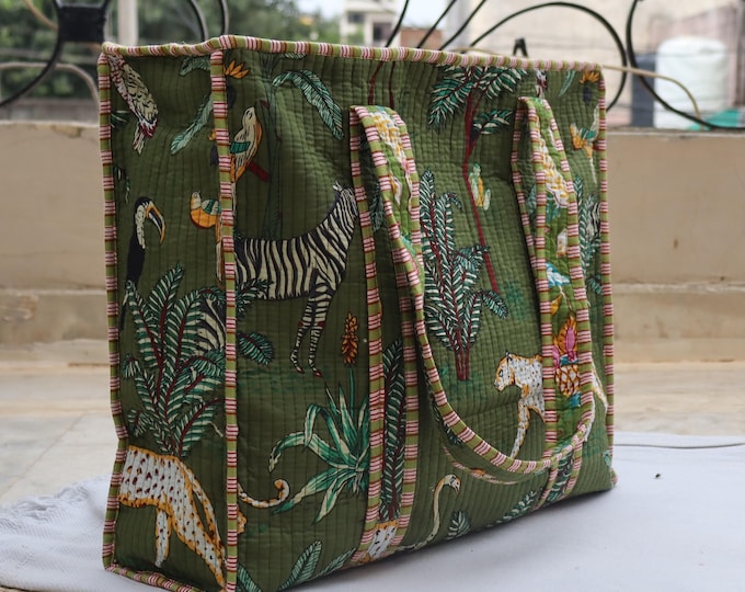 Handmade Jungle Print Quilted Cotton Tote Bag: Travel Beach Shopper