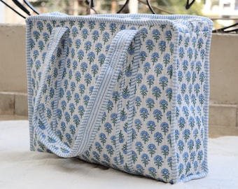 Block print Bridesmaid Quilted Tote Bag ,Personalized Bridal Gift,Floral print Beach Bag, Monogramed Floral Boho Pool Tote Bag