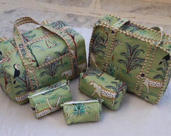 Jungle Print Quilted Cotton Travel Bag Set, Duffle Tote Toiletry Pouch (Dyson Bag)