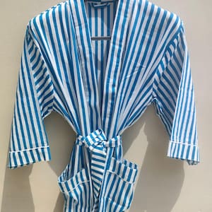 Blue & White Striped Cotton Kimono Robe | Lightweight Loungewear | Handmade Summer Bathrobe | Unisex Robe with Pockets | Kapda Studio