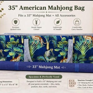 May include: A 35-inch American Mahjong bag featuring a blue fabric with a tropical leopard and palm leaf print, paired with a 33-inch blue Mahjong mat. The bag includes sturdy zipper closures, carry handles, and dimensions of 35 inches by 11 inches by 6 inches.