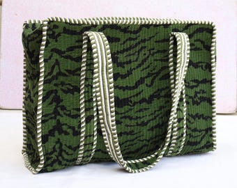 Personalized Green Zebra Print Cotton Velvet Quilted Tote Bag, Travel beach bag, Bridesmaid Gift.