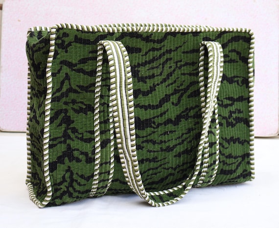 Personlized Green Zebra Print Quilted Cotton Velvet Tote Bag, Travel Beach Bag