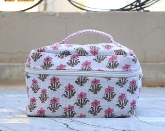 Personalisierte, gesteppte Kosmetiktasche mit Blumenmuster, Kosmetiktasche im indischen Blockdruck-Stil, Kosmetiktäschchen mit Reißverschluss, Organizer.