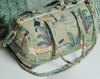 Handmade Jungle Print quilted Bag: Lightweight weekender Bag, Overnight duffle, Mother's Day Gift