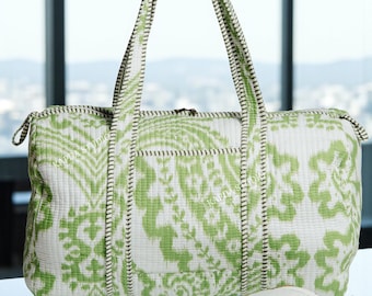 Handmade Quilted Ikkat Print Duffle Bag: Lightweight Cotton Travel Bag ,overnight Bags