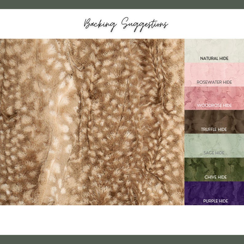 Pode incluir: Um tecido de pele sint&eacute;tica castanho-claro texturizado com um padr&atilde;o de manchas. &Agrave; direita, uma paleta de cores vertical intitulada Backing Suggestions exibe sete amostras: Natural Hide, Rosewater Hide, Woodrose Hide, Truffle Hide, Sage Hide, Chive Hide e Purple Hide.