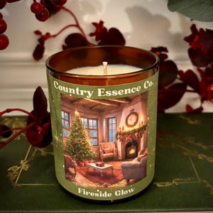 Christmas soy wax candle.  40 hours burn time. Fireside glow scent. Handmade in UK