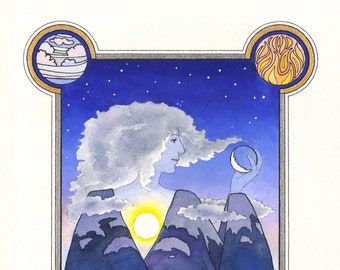 Art, Print, Print of Original Watercolor With Pen and Ink. Clothed in Beauty: Mother Earth, Sky, Nature, Sun, Moon