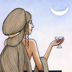Evening Cup. Fine art print of original painting, pen, ink and watercolor. The serenity of an evening glass, under the moon.. image 2