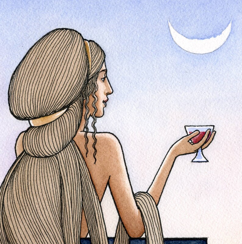 Evening Cup. Fine art print of original painting, pen, ink and watercolor. The serenity of an evening glass, under the moon.. image 2