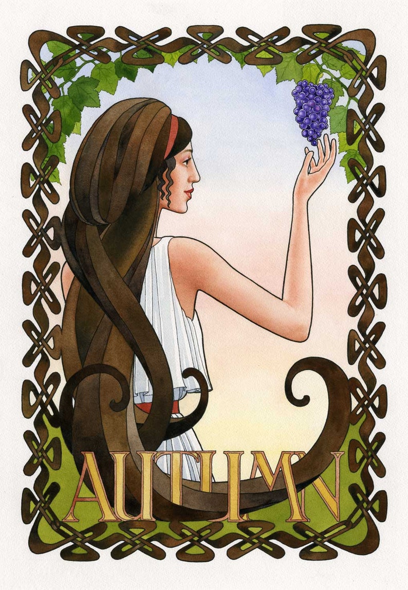The Four Seasons II - Autumn. Goddess shops art, watercolor, painting, autumn decor, bathing, archival art print.