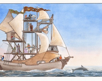 Voyage of Discovery. Original painting, ink, watercolor: Joyful, playful, intricate detail,  drawing, painting, wall decor.