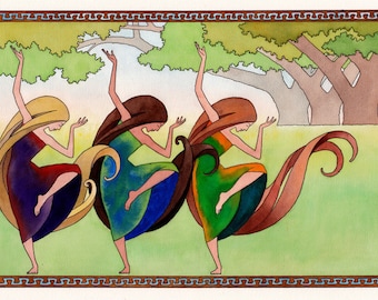 Dance of the Three Graces. Art print of original painting in pen, ink and watercolor.