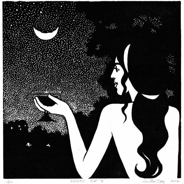 Evening Cup II: Original hand-pulled linoleum block print on Japanese Hosho paper. Beauty, serenity, wine, the moon.