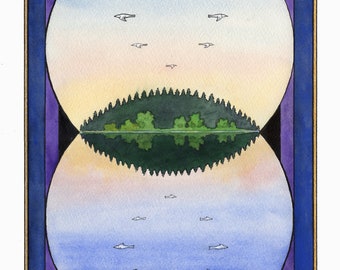 Art, Print, Print of Original Watercolor With Pen and Ink. Above and Below: Earth, Water, Sky, Nature, Sun, Moon, Stars