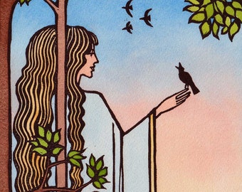 Art, Print, Original Block Print With Watercolor. Visitor: Woman With Bird Friend