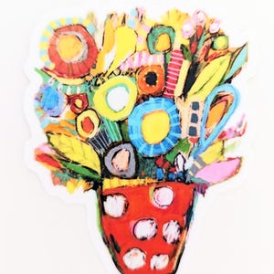 May include: A colorful abstract painting of a bouquet of flowers in a red polka dot pot. The flowers are painted in various shades of yellow, blue, green, red, and pink.