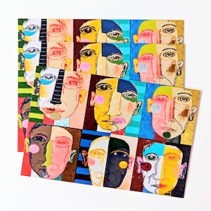 May include: A stack of colorful cards with abstract faces drawn in a variety of styles. Each face is made up of different colored geometric shapes and lines. The cards are arranged in a grid pattern.