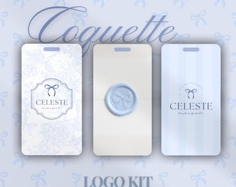 Zestaw logo „Coquette” | Edytowalny niebieski projekt logo dla małych firm | Estetyczny szablon logo | Gotowy zestaw logo marki w kolorze niebieskim | Projekt logo „kokardka”