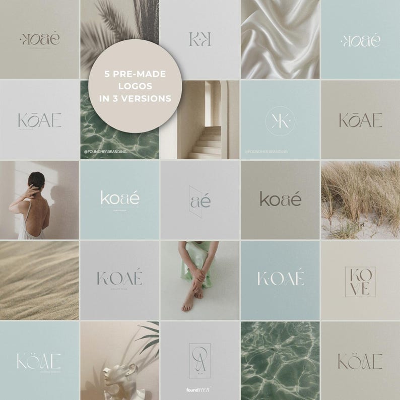 Collage showing all 5 logos included in the kit, each in 3 versions: tagline, no tagline, and icon only. Alternating quiet luxury aesthetic images in beige, cream, and soft green. Badge reads ‘5 Pre-Made Logos in 3 Versions’ emphasizing variety, flexibility, and ready-to-use design for small businesses.