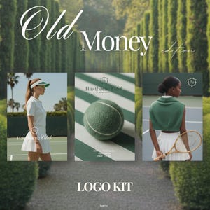 Puede incluir: Imagen promocional con el texto "Old Money edition" y "Logo Kit". Presenta tres paneles: una mujer con ropa de tenis, una pelota de tenis y una mujer con una raqueta de tenis. El logotipo de Hawthorne Club es visible.