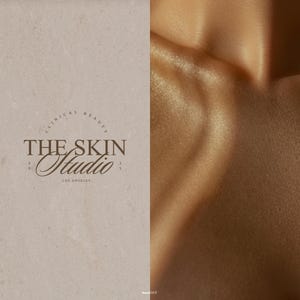 Slit-screen display of logo applications. On one side an aesthetic close up of a female neck. On the other side, a brown marble texture showcasing one logo variation included in the kit. Together, the visuals emphasize versatility and premium branding for medpsas and modern beauty brands across digital and physical assets.