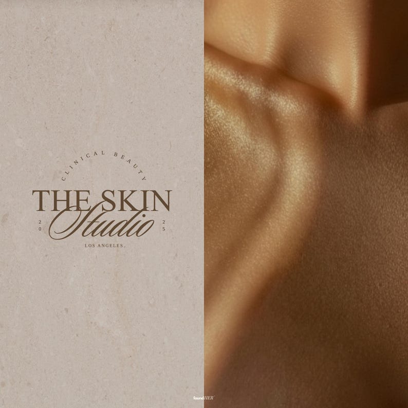 Slit-screen display of logo applications. On one side an aesthetic close up of a female neck. On the other side, a brown marble texture showcasing one logo variation included in the kit. Together, the visuals emphasize versatility and premium branding for medpsas and modern beauty brands across digital and physical assets.