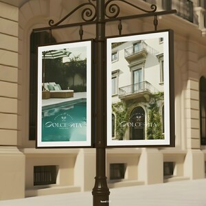 An aesthetic street mockup in quiet luxury style. Premium, aesthetic panels displaying two logo versions included with the kit  seamlessly integrated to highlight how the logos can be applied across physical products.