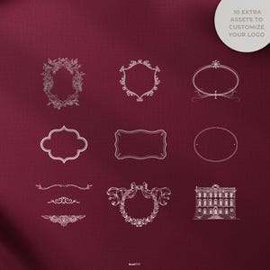Ten additional design assets in the old money aesthetic, including elegant graphics and ornate frames. These versatile extras are crafted to enhance, adapt, and personalize your logo design, giving your brand a premium and sophisticated identity. Copy reads “10 extra assets to customize your logo.