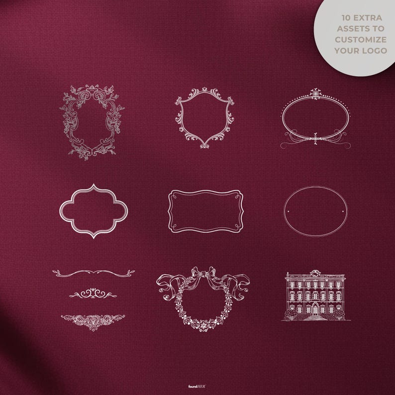 Ten additional design assets in the old money aesthetic, including elegant graphics and ornate frames. These versatile extras are crafted to enhance, adapt, and personalize your logo design, giving your brand a premium and sophisticated identity. Copy reads “10 extra assets to customize your logo.
