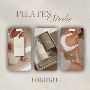 May include: A logo kit for a Pilates studio, featuring a neutral color palette. The image includes a water bottle, towel, and resistance band, all branded with a "WC" logo. The text "PILATES Studio" and "LOGO KIT" are also visible.
