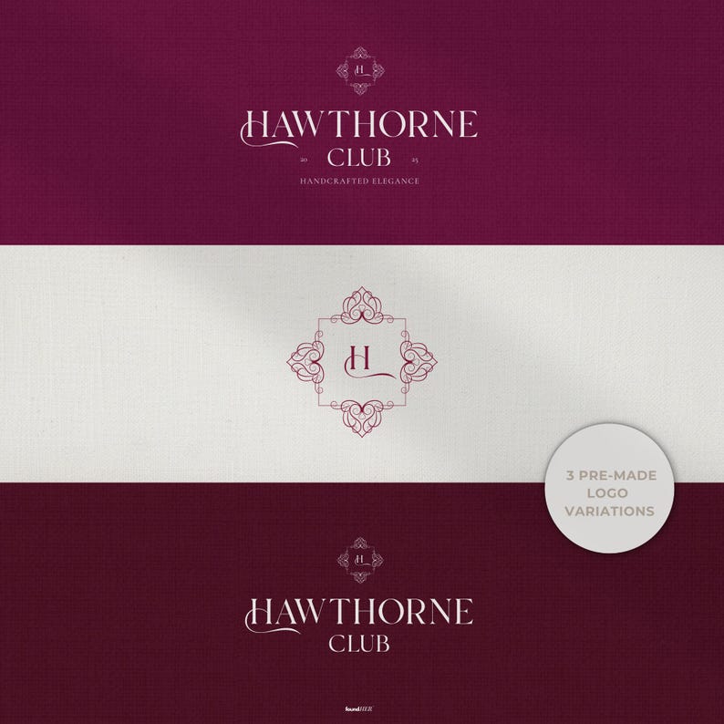 Three pre-made logo variations displayed on rich burgundy and red textured backgrounds. Includes a Main Logo, Logo with Tagline, and Icon Version. Each design reflects the timeless old money aesthetic, offering flexibility and refinement. The composition emphasizes elegance and premium branding ready for entrepreneurs seeking instant credibility.