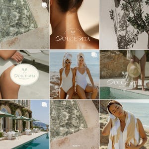 Nine quiet luxury-inspired images showing an aesthetic Instagram feed using aesthetic photos with all the logo versions included in the kit to show real life application.