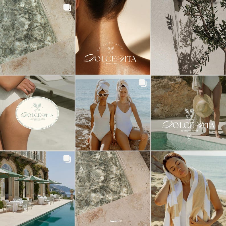 Nine quiet luxury-inspired images showing an aesthetic Instagram feed using aesthetic photos with all the logo versions included in the kit to show real life application.