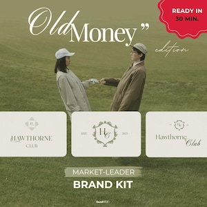 Aesthetic Old Money Edition Logo Kit promotional image featuring a luxurious golf course background with a stylishly dressed man and woman embodying premium Old Money branding. Three elegant logo examples from the kit are displayed prominently, showcasing the sophisticated design style and timeless appeal included in this exclusive brand kit. Perfect for conveying luxury and refinement.