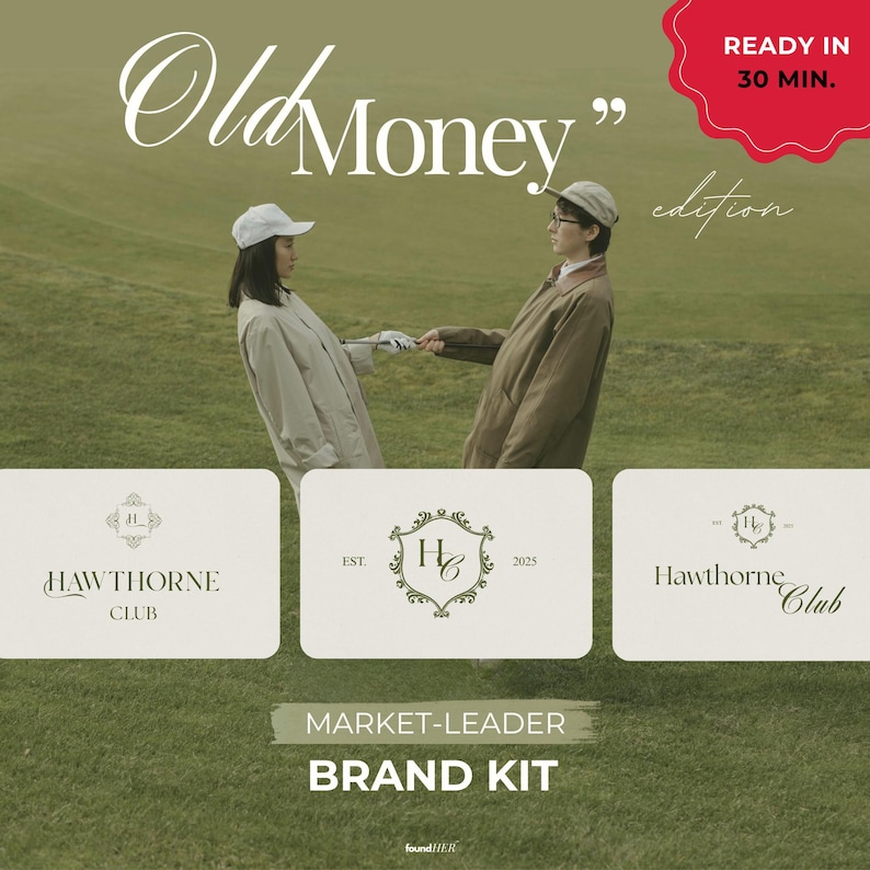 Aesthetic Old Money Edition Logo Kit promotional image featuring a luxurious golf course background with a stylishly dressed man and woman embodying premium Old Money branding. Three elegant logo examples from the kit are displayed prominently, showcasing the sophisticated design style and timeless appeal included in this exclusive brand kit. Perfect for conveying luxury and refinement.