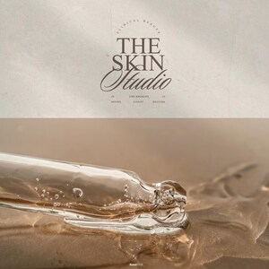 Horizontal split-screen display of logo applications. On one side an aesthetic image of a serum. On the other side, a beige texture showcasing one logo variation included in the kit. Together, the visuals emphasize versatility and premium branding for luxury medspas and beuty businesses across digital and physical assets.