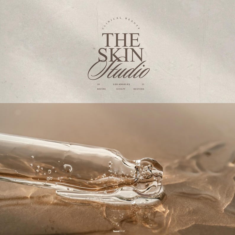Horizontal split-screen display of logo applications. On one side an aesthetic image of a serum. On the other side, a beige texture showcasing one logo variation included in the kit. Together, the visuals emphasize versatility and premium branding for luxury medspas and beuty businesses across digital and physical assets.