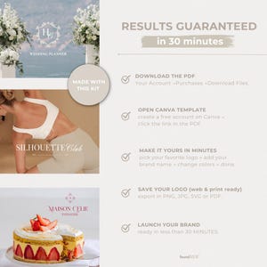 Step-by-step instructions for using the Market Leader Brand Kit: download PDF, open Canva template, customize logo, save in PNG, JPG, SVG, or PDF, and launch your brand in under 30 minutes. Examples of created brands (Wedding planner,Pilates studio, Luxury bakery) included with a badge ‘Logos Made With This Kit’